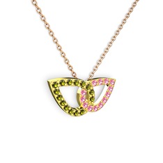 Pembe kuvars ve peridot 18 ayar altın kolye (40 cm gümüş rolo zincir)