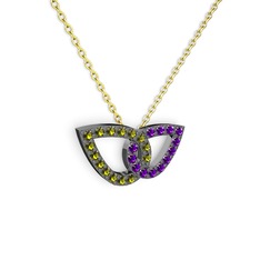 Taşlı Leaf Kolye - Ametist ve peridot 925 ayar siyah rodyum kaplama gümüş kolye (40 cm gümüş rolo zincir) #z7zh85