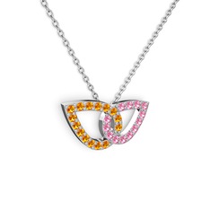 Taşlı Leaf Kolye - Pembe kuvars ve sitrin 14 ayar beyaz altın kolye (40 cm beyaz altın rolo zincir) #ztajdx
