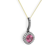 Pembe kuvars ve swarovski 925 ayar siyah rodyum kaplama gümüş kolye (40 cm altın rolo zincir)