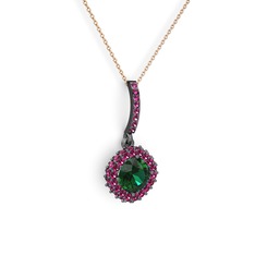 Yeşil kuvars ve rodolit garnet 925 ayar siyah rodyum kaplama gümüş kolye (40 cm rose altın rolo zincir)