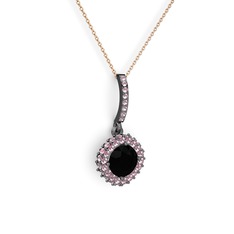 Sivana Kolye - Siyah zirkon ve pembe kuvars 925 ayar siyah rodyum kaplama gümüş kolye (40 cm rose altın rolo zincir) #19iiehw