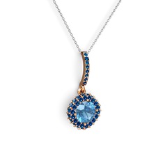 Akuamarin ve lab safir 8 ayar rose altın kolye (40 cm gümüş rolo zincir)