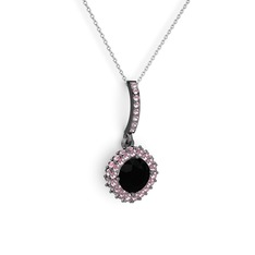 Siyah zirkon ve pembe kuvars 925 ayar siyah rodyum kaplama gümüş kolye (40 cm beyaz altın rolo zincir)