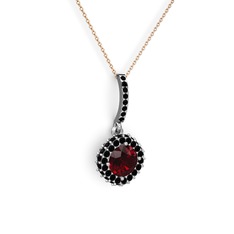 Garnet ve siyah zirkon 18 ayar beyaz altın kolye (40 cm rose altın rolo zincir)