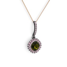Peridot ve pembe kuvars 925 ayar siyah rodyum kaplama gümüş kolye (40 cm gümüş rolo zincir)
