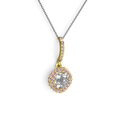 Swarovski ve pembe kuvars 8 ayar altın kolye (40 cm gümüş rolo zincir)