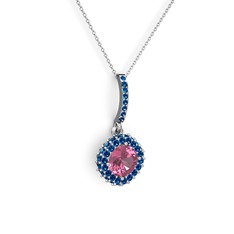 Pembe kuvars ve lab safir 8 ayar beyaz altın kolye (40 cm gümüş rolo zincir)