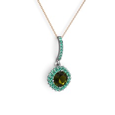Peridot ve yeşil kuvars 14 ayar beyaz altın kolye (40 cm rose altın rolo zincir)