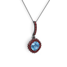 Sivana Kolye - Akuamarin ve garnet 925 ayar siyah rodyum kaplama gümüş kolye (40 cm gümüş rolo zincir) #1ofpkck