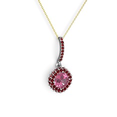 Pembe kuvars ve garnet 18 ayar beyaz altın kolye (40 cm altın rolo zincir)