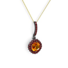 Sitrin ve garnet 925 ayar siyah rodyum kaplama gümüş kolye (40 cm altın rolo zincir)