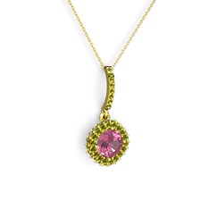 Pembe kuvars ve peridot 14 ayar altın kolye (40 cm altın rolo zincir)