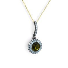 Peridot ve akuamarin 925 ayar siyah rodyum kaplama gümüş kolye (40 cm altın rolo zincir)