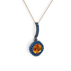 Sitrin ve lab safir 925 ayar siyah rodyum kaplama gümüş kolye (40 cm rose altın rolo zincir)