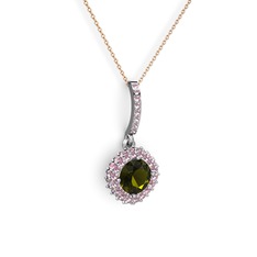 Sivana Kolye - Peridot ve pembe kuvars 18 ayar beyaz altın kolye (40 cm rose altın rolo zincir) #47enob