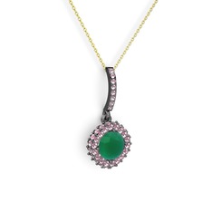 Sivana Kolye - Kök zümrüt ve pembe kuvars 925 ayar siyah rodyum kaplama gümüş kolye (40 cm gümüş rolo zincir) #5hrjdj