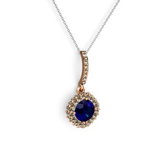 Lab safir ve dumanlı kuvars 14 ayar rose altın kolye (40 cm gümüş rolo zincir)
