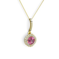 Pembe kuvars ve beyaz zirkon 18 ayar altın kolye (40 cm altın rolo zincir)