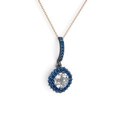 Swarovski ve lab safir 925 ayar siyah rodyum kaplama gümüş kolye (40 cm rose altın rolo zincir)