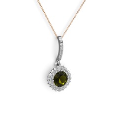 Peridot ve pırlanta 14 ayar beyaz altın kolye (0.76 karat, 40 cm rose altın rolo zincir)