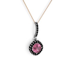 Pembe kuvars ve siyah zirkon 18 ayar beyaz altın kolye (40 cm rose altın rolo zincir)