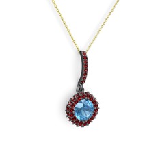 Akuamarin ve garnet 925 ayar siyah rodyum kaplama gümüş kolye (40 cm altın rolo zincir)