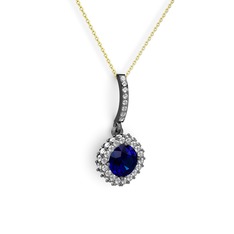 Lab safir ve swarovski 925 ayar siyah rodyum kaplama gümüş kolye (40 cm altın rolo zincir)