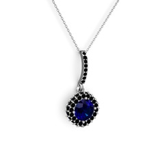 Lab safir ve siyah zirkon 18 ayar beyaz altın kolye (40 cm beyaz altın rolo zincir)