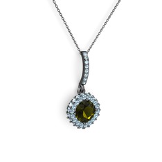 Peridot ve akuamarin 925 ayar siyah rodyum kaplama gümüş kolye (40 cm gümüş rolo zincir)