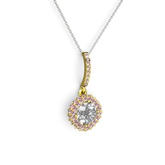 Swarovski ve pembe kuvars 14 ayar altın kolye (40 cm beyaz altın rolo zincir)