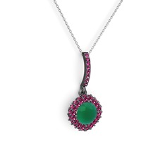 Kök zümrüt ve rodolit garnet 925 ayar siyah rodyum kaplama gümüş kolye (40 cm beyaz altın rolo zincir)