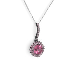 Pembe kuvars 925 ayar siyah rodyum kaplama gümüş kolye (40 cm beyaz altın rolo zincir)