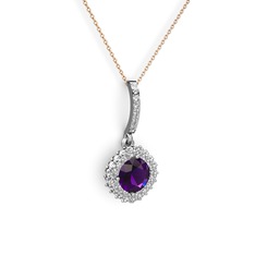 Ametist ve swarovski 18 ayar beyaz altın kolye (40 cm rose altın rolo zincir)