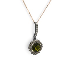 Peridot ve dumanlı kuvars 925 ayar siyah rodyum kaplama gümüş kolye (40 cm rose altın rolo zincir)