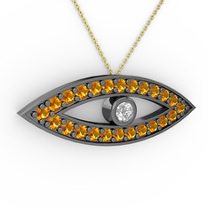 Swarovski ve sitrin 925 ayar siyah rodyum kaplama gümüş kolye (40 cm altın rolo zincir)
