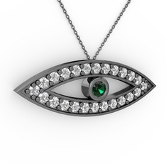 Ayn Kolye - Yeşil kuvars ve pırlanta 925 ayar siyah rodyum kaplama gümüş kolye (0.264 karat, 40 cm gümüş rolo zincir) #11c35b0