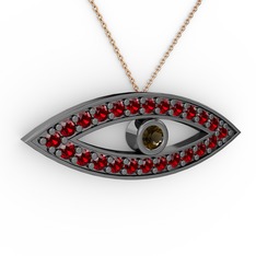 Ayn Kolye - Dumanlı kuvars ve garnet 925 ayar siyah rodyum kaplama gümüş kolye (40 cm rose altın rolo zincir) #13pdwsr