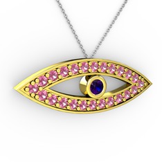 Lab safir ve pembe kuvars 18 ayar altın kolye (40 cm beyaz altın rolo zincir)