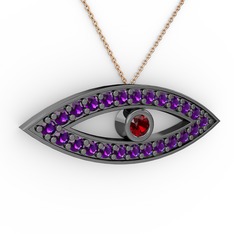 Ayn Kolye - Garnet ve ametist 925 ayar siyah rodyum kaplama gümüş kolye (40 cm rose altın rolo zincir) #14sllrh