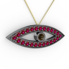 Ayn Kolye - Dumanlı kuvars ve rodolit garnet 925 ayar siyah rodyum kaplama gümüş kolye (40 cm altın rolo zincir) #153my2b