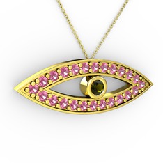 Peridot ve pembe kuvars 8 ayar altın kolye (40 cm altın rolo zincir)