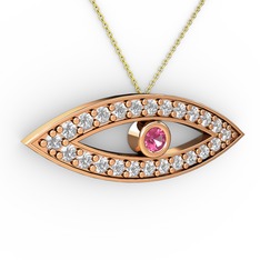 Pembe kuvars ve beyaz zirkon 14 ayar rose altın kolye (40 cm gümüş rolo zincir)