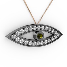 Ayn Kolye - Peridot ve pırlanta 925 ayar siyah rodyum kaplama gümüş kolye (0.264 karat, 40 cm rose altın rolo zincir) #19ewa3n