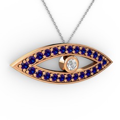 Pırlanta ve lab safir 925 ayar rose altın kaplama gümüş kolye (0.036 karat, 40 cm beyaz altın rolo zincir)