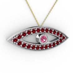 Pembe kuvars ve garnet 8 ayar beyaz altın kolye (40 cm altın rolo zincir)