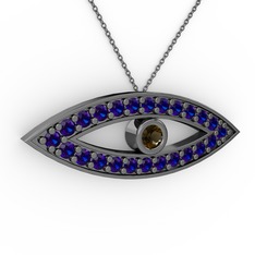 Ayn Kolye - Dumanlı kuvars ve lab safir 925 ayar siyah rodyum kaplama gümüş kolye (40 cm gümüş rolo zincir) #1b70ukd