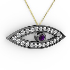 Ametist ve swarovski 925 ayar siyah rodyum kaplama gümüş kolye (40 cm gümüş rolo zincir)