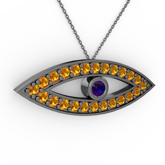 Ayn Kolye - Lab safir ve sitrin 925 ayar siyah rodyum kaplama gümüş kolye (40 cm gümüş rolo zincir) #1bm9wkd