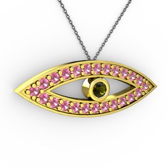 Ayn Kolye - Peridot ve pembe kuvars 18 ayar altın kolye (40 cm gümüş rolo zincir) #1byg6ex